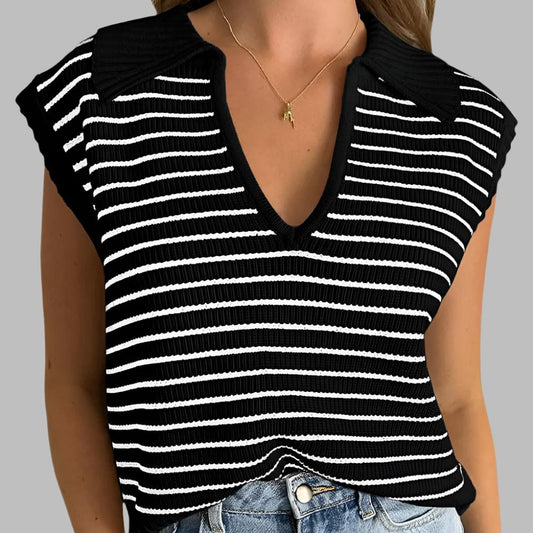 Black Stripe Turn-down V Neck Sweater Tank Top