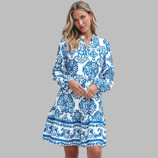 Sky Blue Tribal Print Button Up Notch Neck Loose Mini Dress