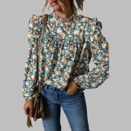 Blue Floral Print Frilled Mock Neck Puff Sleeve Blouse