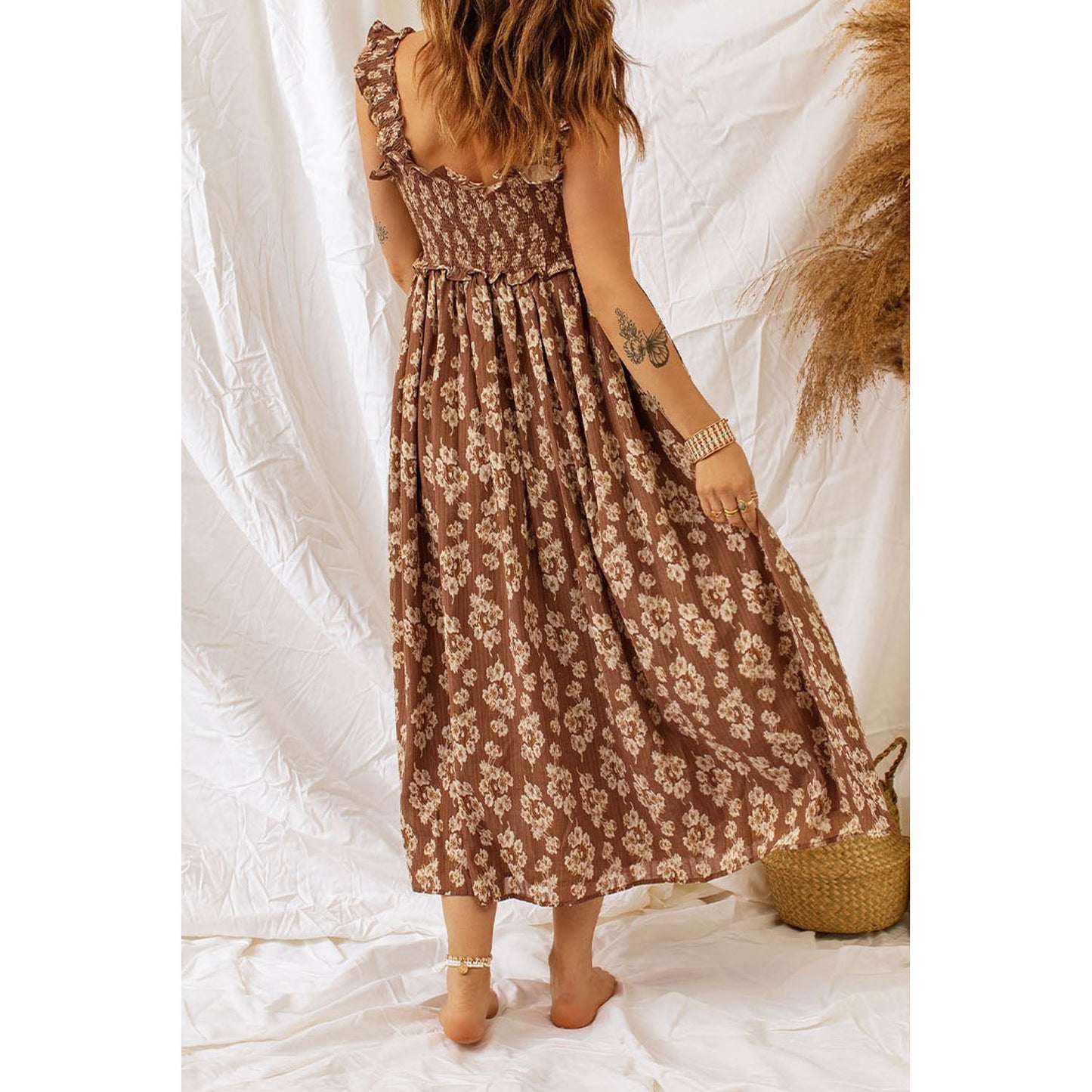 Brown Ruffled Straps Smocked Floral Maxi Dress