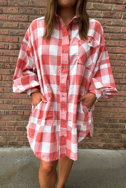 Pink Oversized Plaid Puff Sleeve Round Hem Shirt Dress