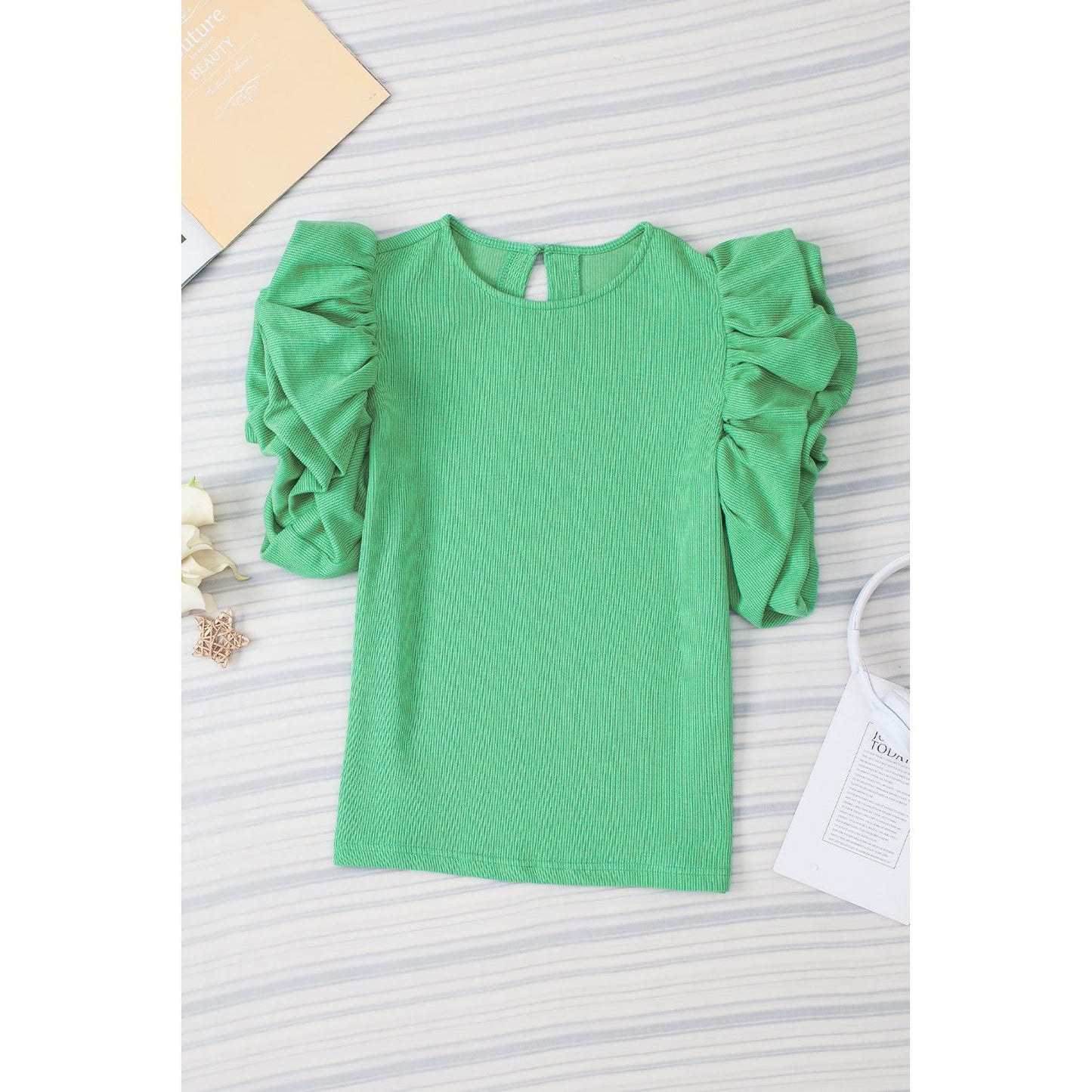 Green Ribbed Knit Puffy Ruffle Sleeve Blouse