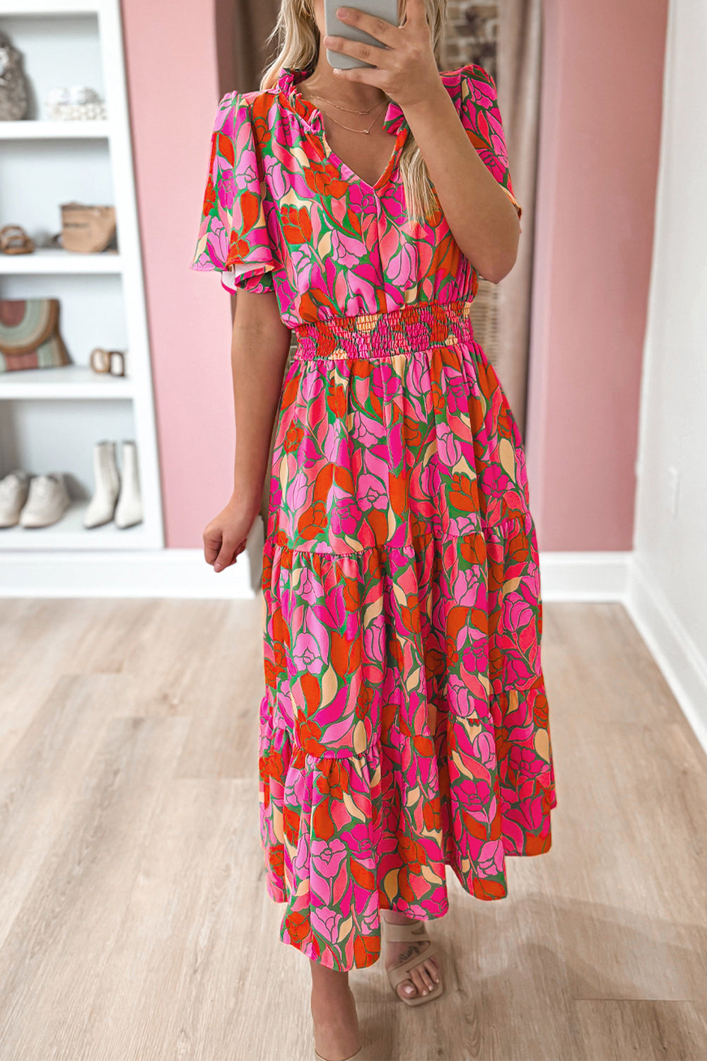 Rose Floral Smocked Waist Tiered Maxi Dress