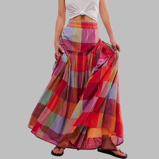 Multicolor Plaid Boho High Waist Maxi Skirt