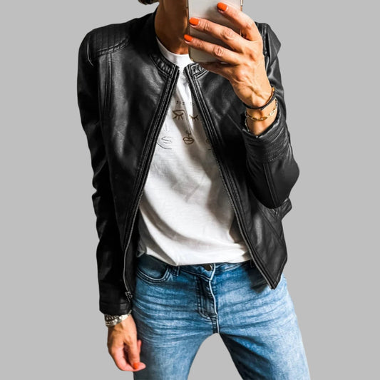 Black Solid Faux Leather Slim Fit Bomber Jacket