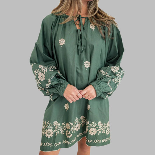 Mist Green Boho Floral V Neck Mini Dress