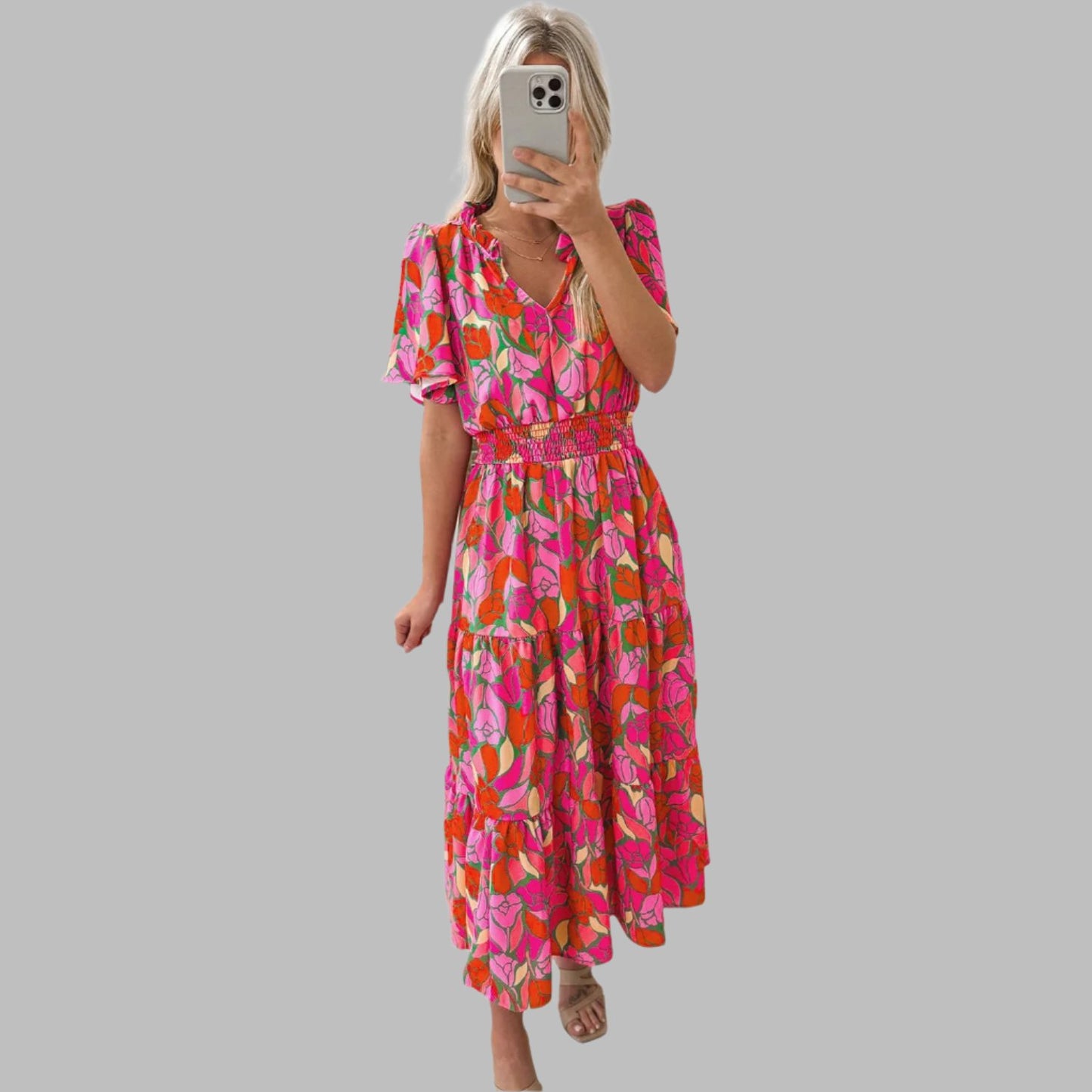 Rose Floral Smocked Waist Tiered Maxi Dress