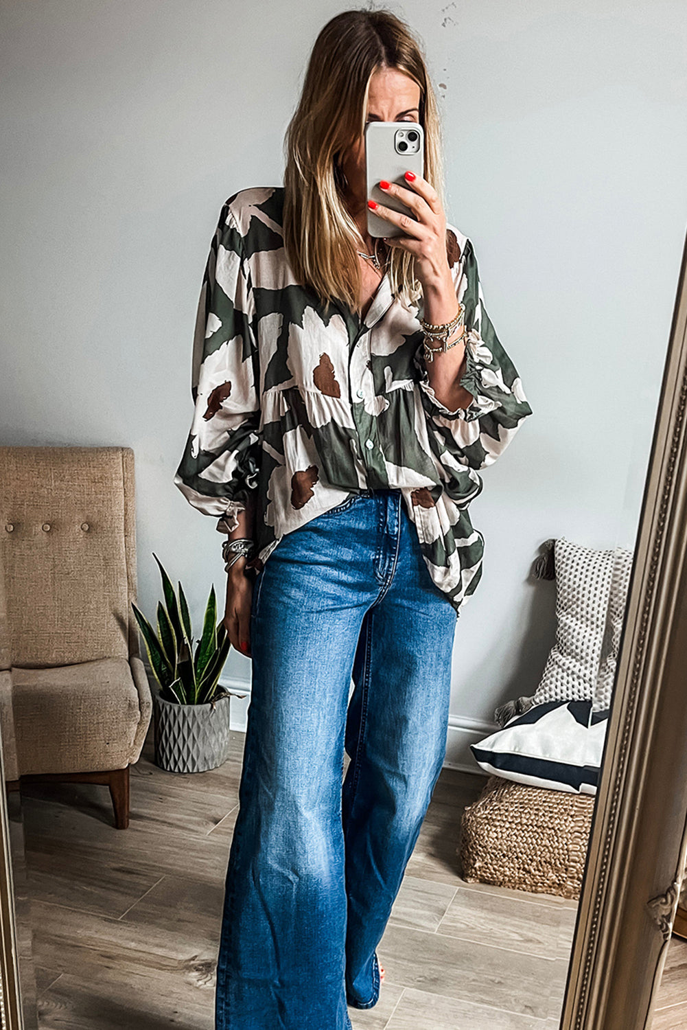 Floral Print Puff Sleeve Half Button Blouse