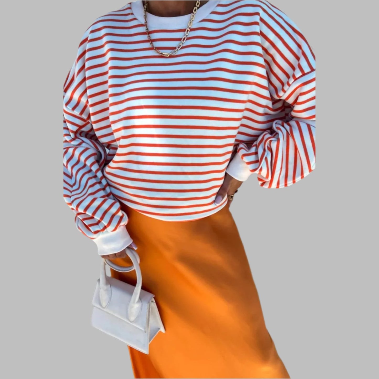 Orange Stripe Drop Shoulder Crew Neck Loose Sweatshirt