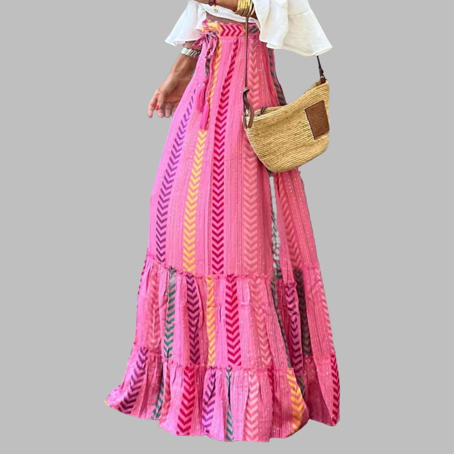 Pink Boho Printed Tasseled Drawstring Ruffled Maxi Skirt