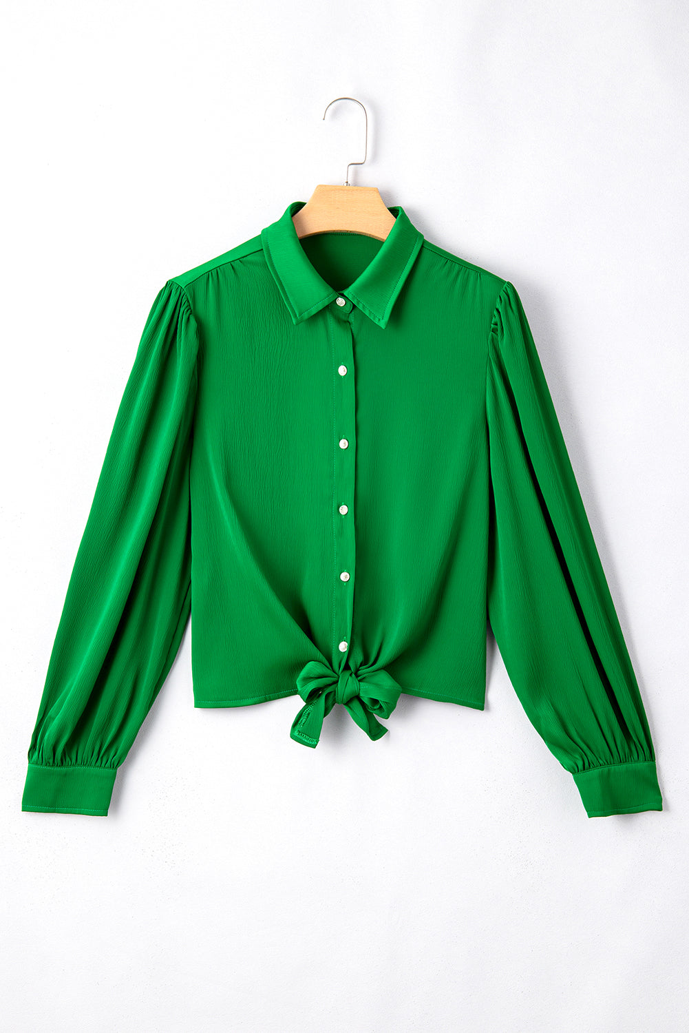 Dark Green Flowy Balloon Sleeve Tie Front Buttoned Shirt