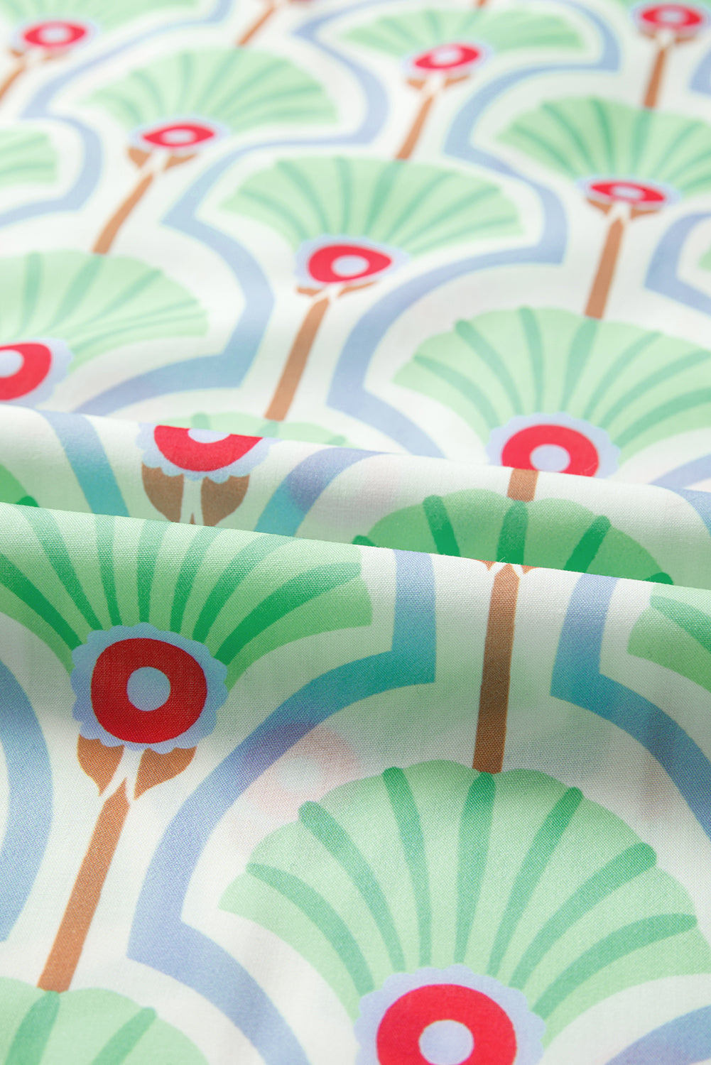 Green Floral Print Ricrac Trim Pop of Color V Neck Bubble Sleeve Blouse