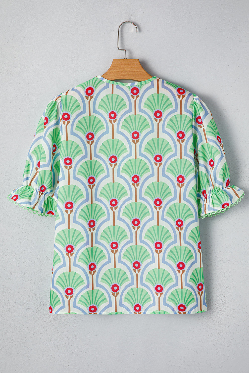 Green Floral Print Ricrac Trim Pop of Color V Neck Bubble Sleeve Blouse