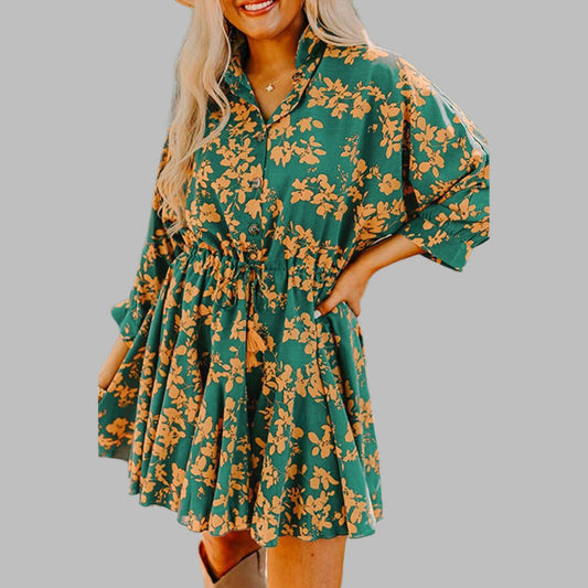 Green Floral Print Drawstring Tunic Flowy Short Dress