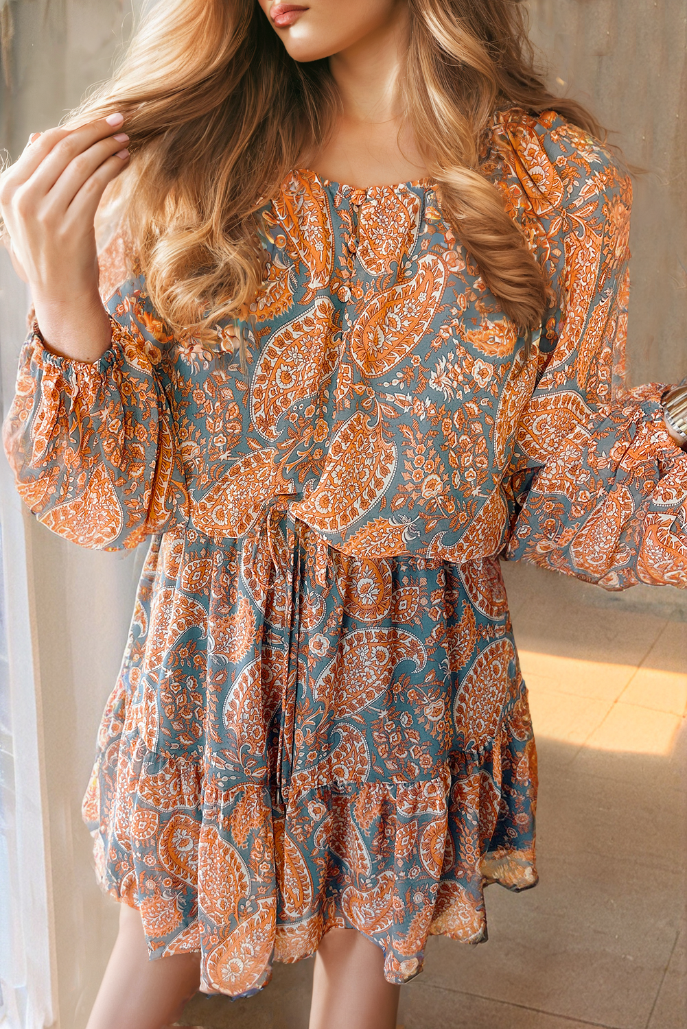 Orange Paisley Print Loose Fit Mini Dress